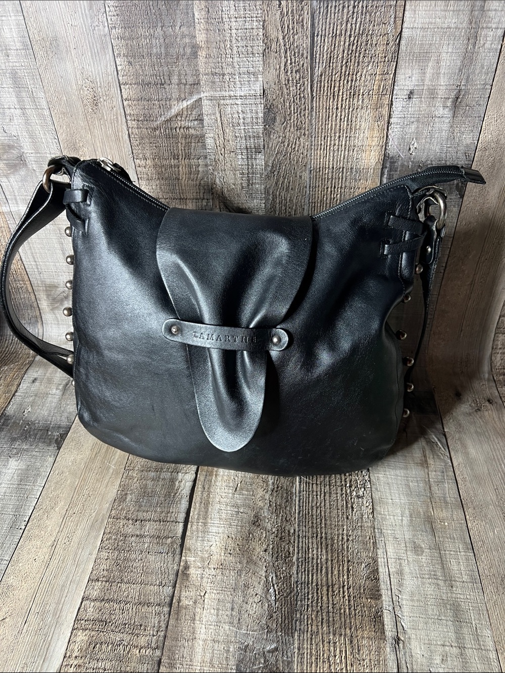 LAMARTHE Paris Black Leather Shoulder Bag with Stud Accents
